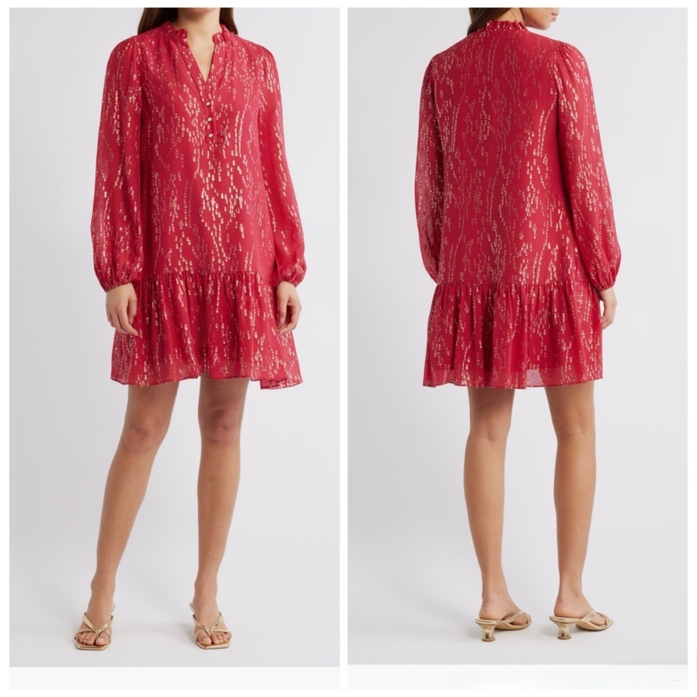 Lilly Pulitzer Evaline Baby Doll Red Silk gold metallic ruffled v-neck Size 0